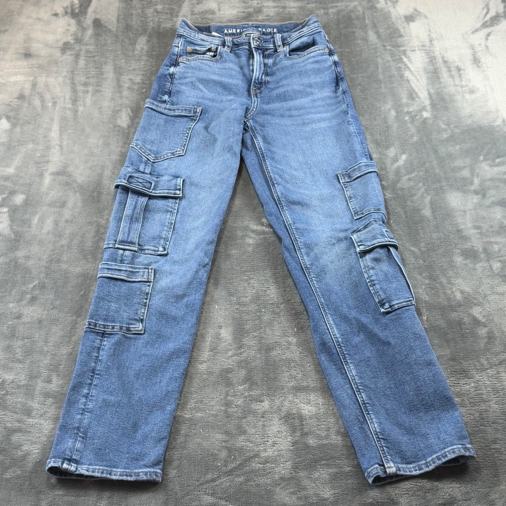 American Eagle Super High-Rise Baggy Straight Cargo Jeans Blue Size 000 Regular